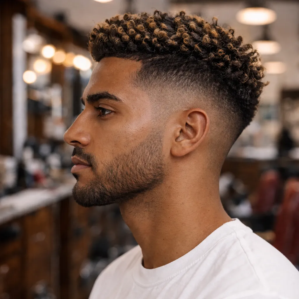 Curly Taper Fade with Honey Blonde Contrast