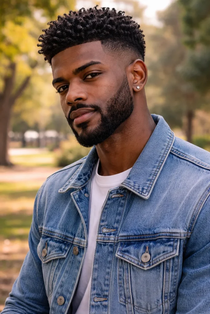 Curly Top Fade + Defined Beard