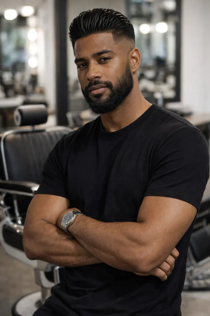 High Fade Slick Back With Beard