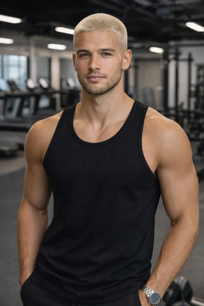 Light Blonde Buzz Cut with Sharp Hairline