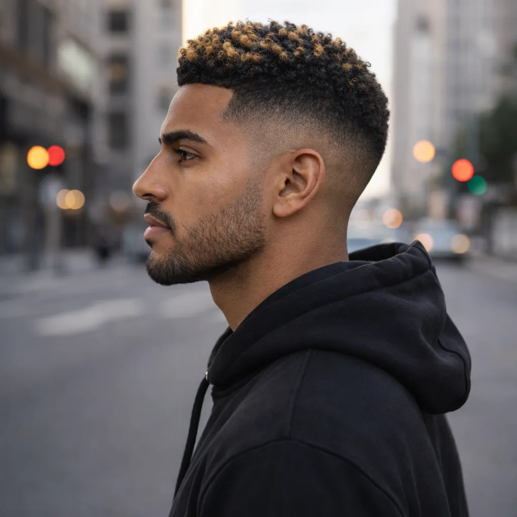 Low Fade with Honey Blonde Crown Highlights