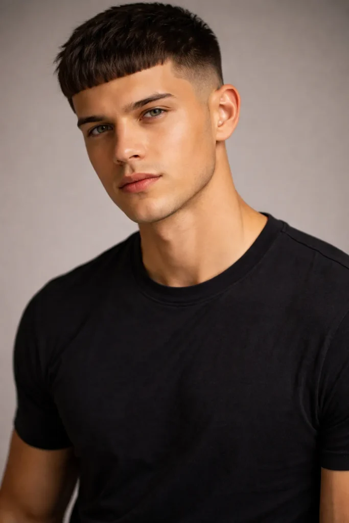 1. Sculpted Micro Fringe with Sharp Temple Drop