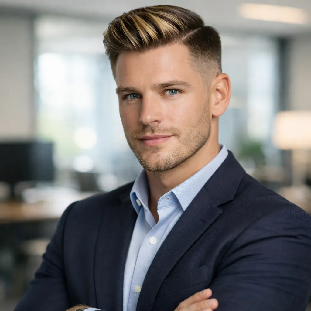  Side Part Fade with Honey Blonde Highlights