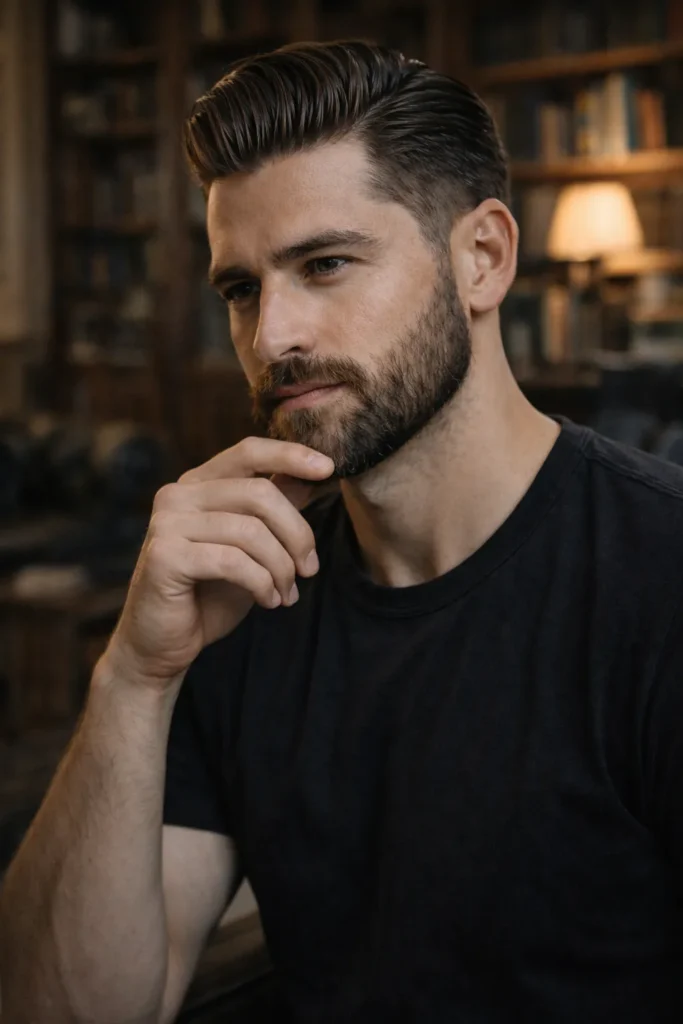 Side Part Slick Back With Beard