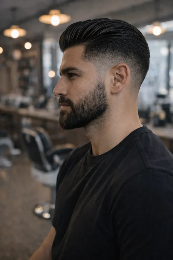 Skin Fade Slick Back With Beard