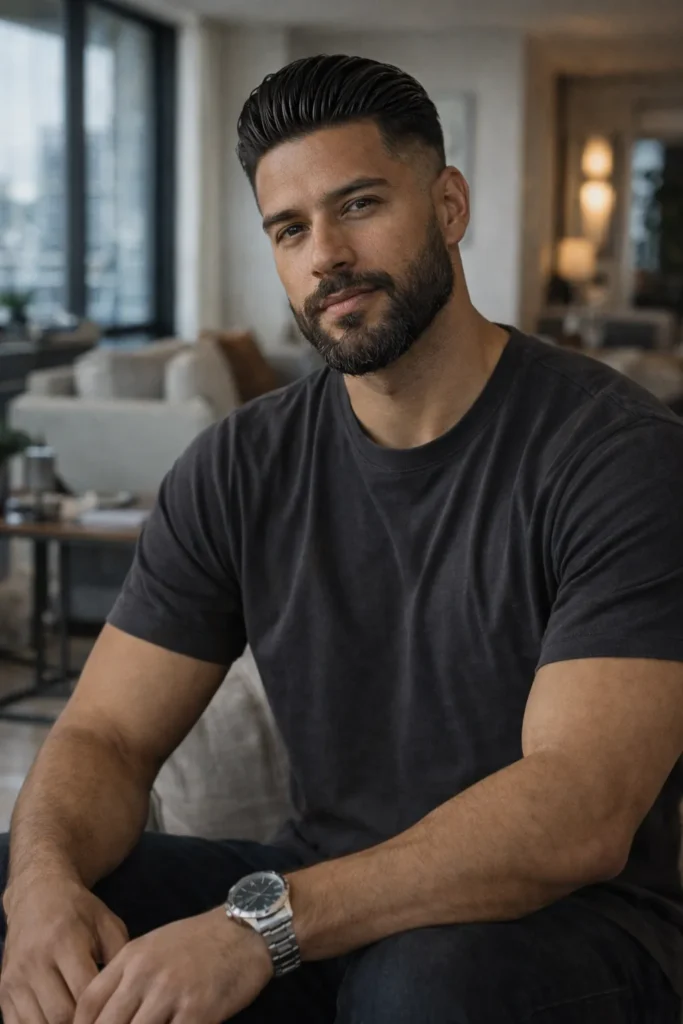 Slick Back With Mid Fade Beard Style