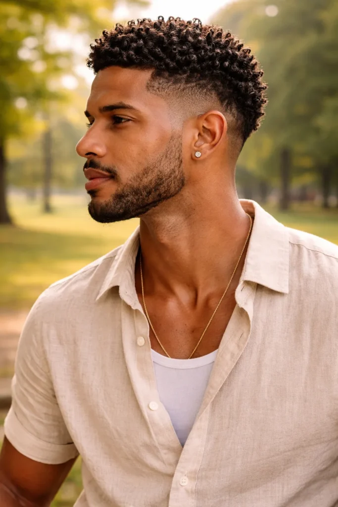 Burst Taper Fade with Curly Top