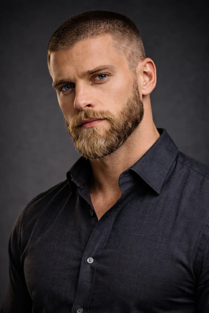 Buzz Cut with Angular Beard Shape (Sharp Jaw Focus)