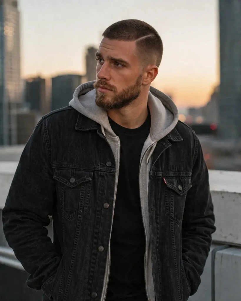 Buzz Cut with Beard and Hard Part