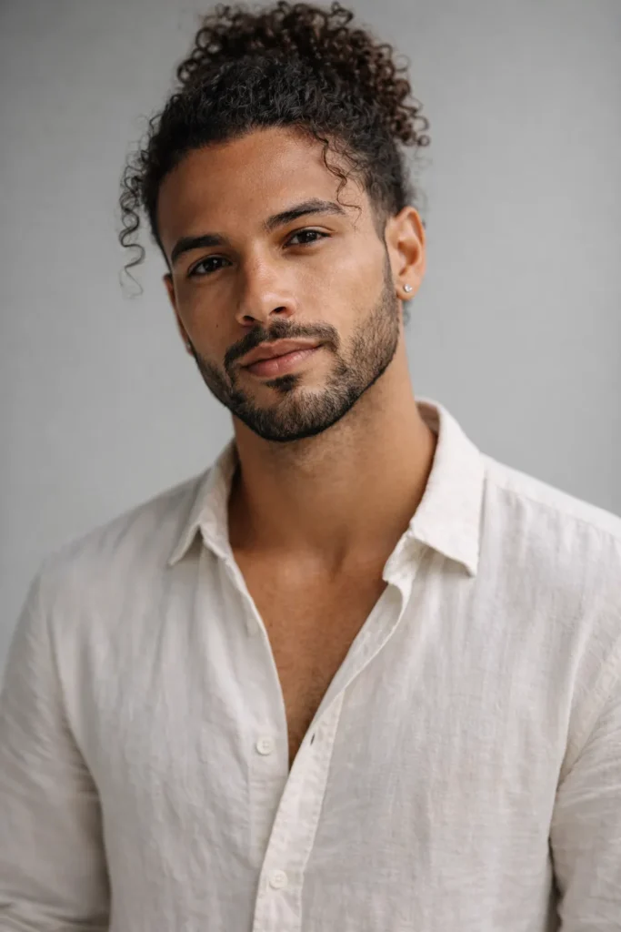 Curly Bun with Defined Beard
