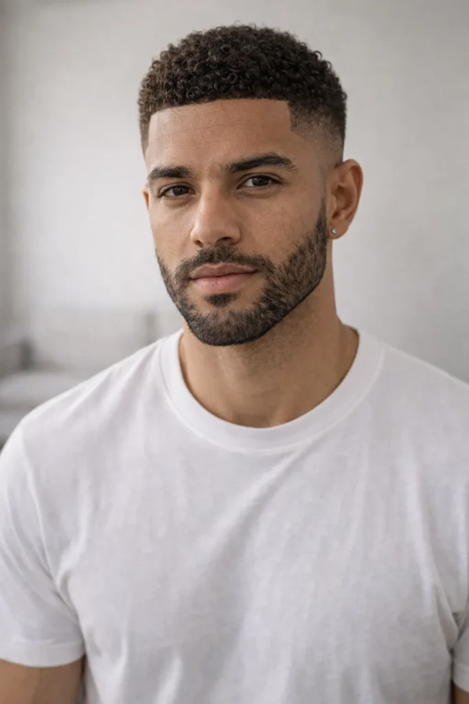 Curly Caesar Cut + Light Beard