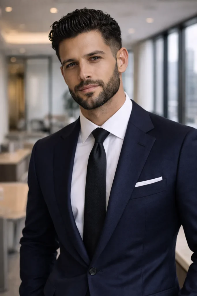 Curly Slick Back + Contoured Beard