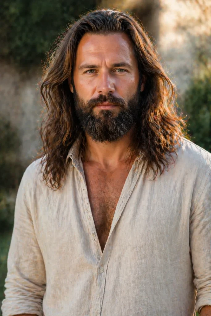 Full Natural Beard with Long Flowing Hair