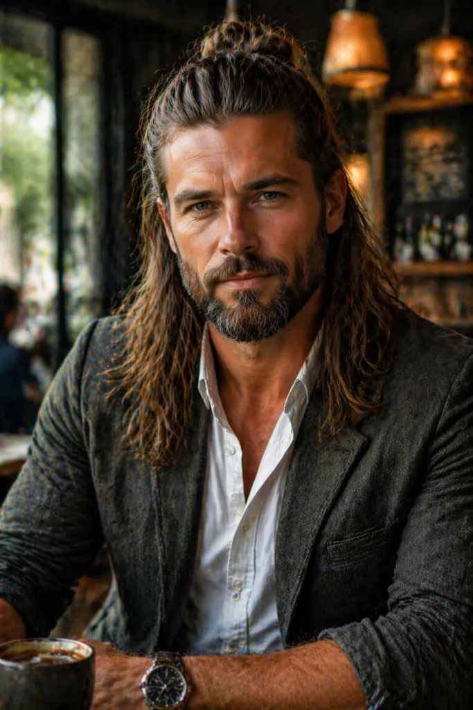  Half-Up Long Hair with a Structured Beard