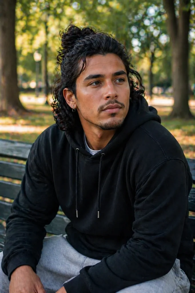 Half-Up Messy Man Bun with Curly Ends