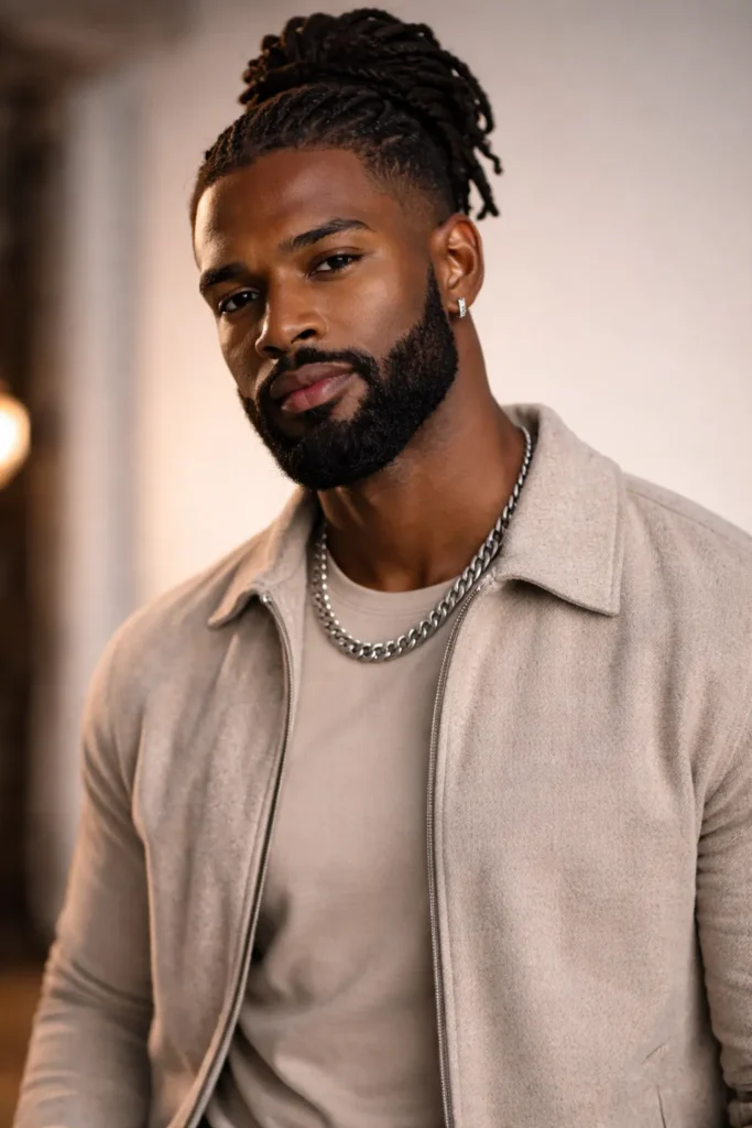 High Bun with Rounded Beard