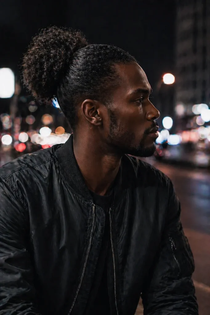  High Man Bun with Slick Sides and Voluminous Back