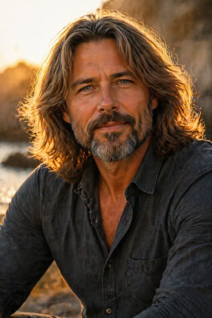  Long Feathered Hair with a Soft Full Beard