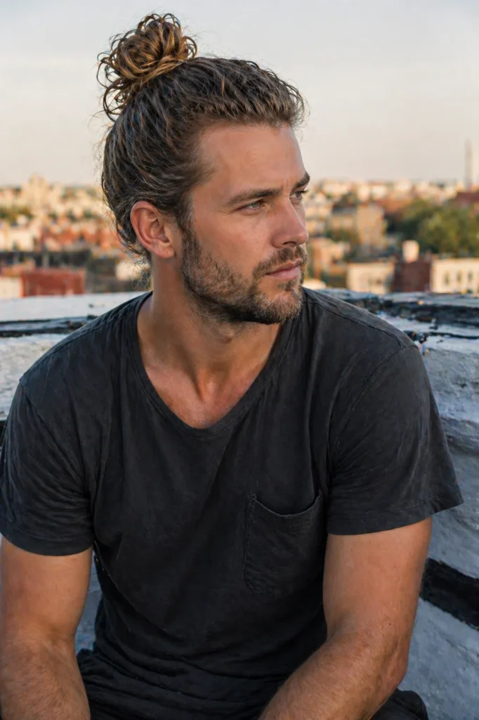 Long Hair Pulled into a Messy Crown Man Bun
