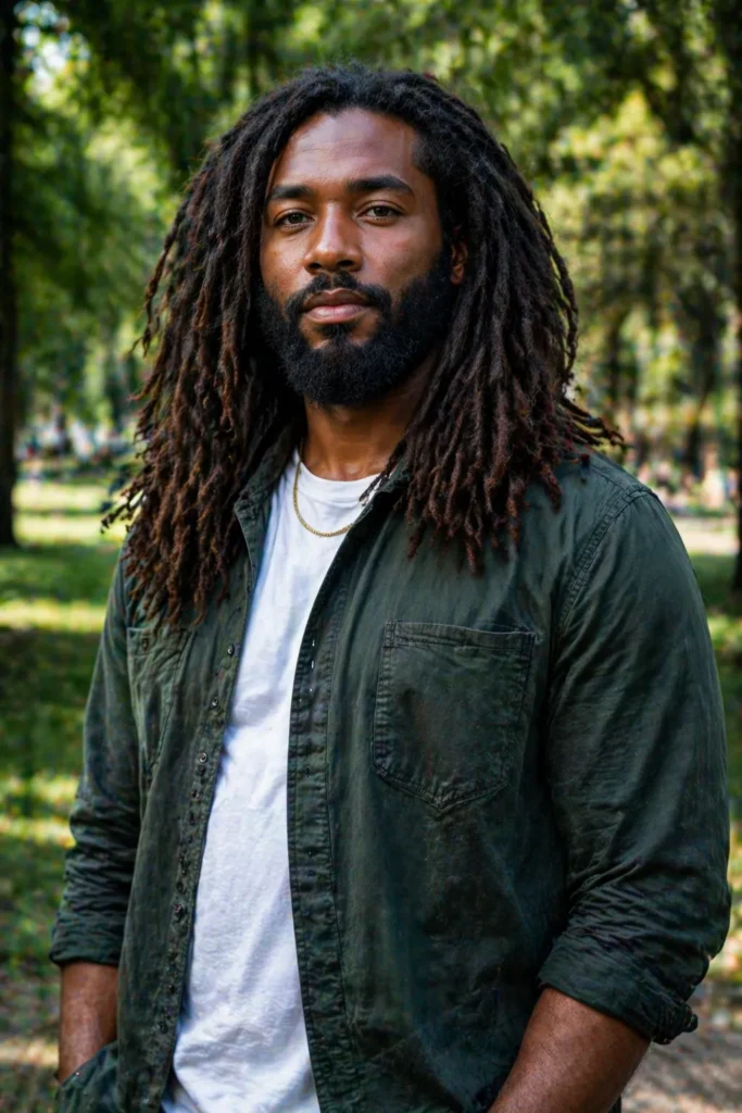 Long Hair with Natural Afro Texture and a Rounded Beard