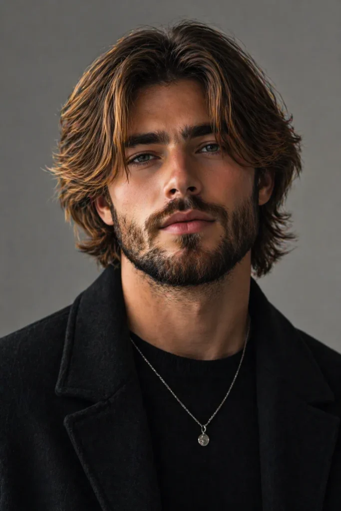 Long Layered Hair with Curtain Bangs and a Full Beard