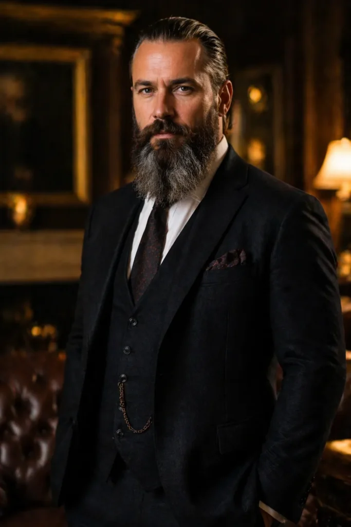 Long Slicked-Back Hair with a Heavy Beard
