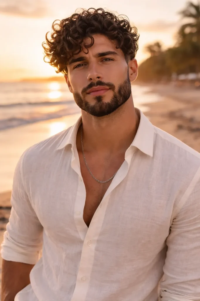 Loose Natural Curls + Full Rounded Beard