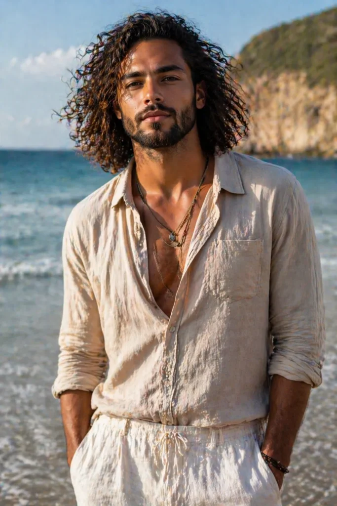Loose Shoulder-Length Curls with a Medium Beard