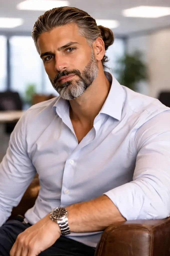  Low Bun with Salt-and-Pepper Beard