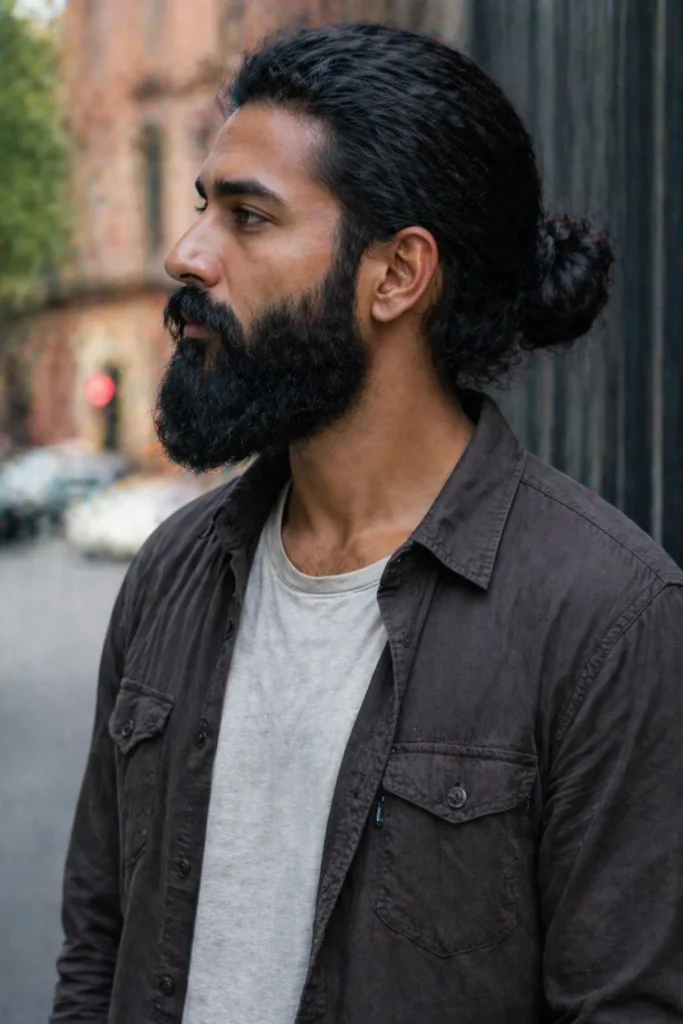 Low Man Bun with a Dense Full Beard