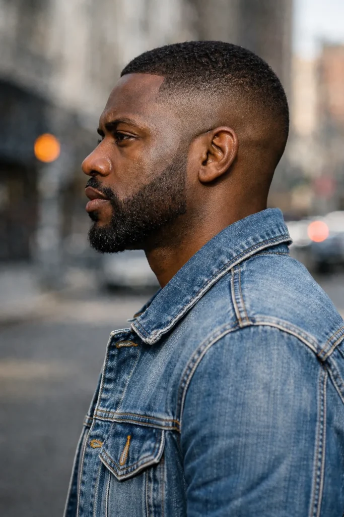 Mid Fade Beard with Sharp Cheek Line