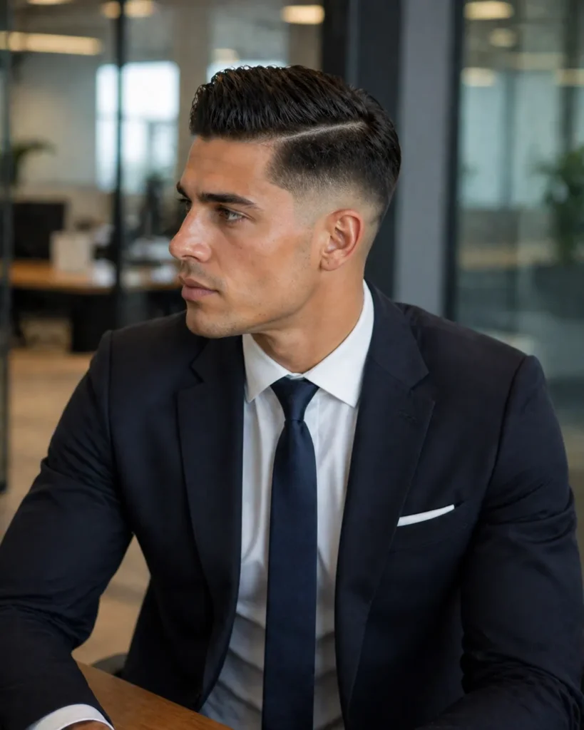 Mid Taper Fade with Hard Part Comb-Over