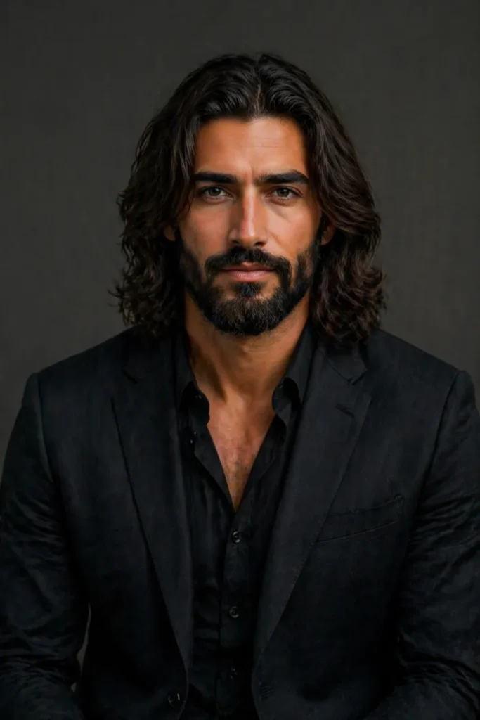  Sculpted Full Beard with Center-Part Long Hair