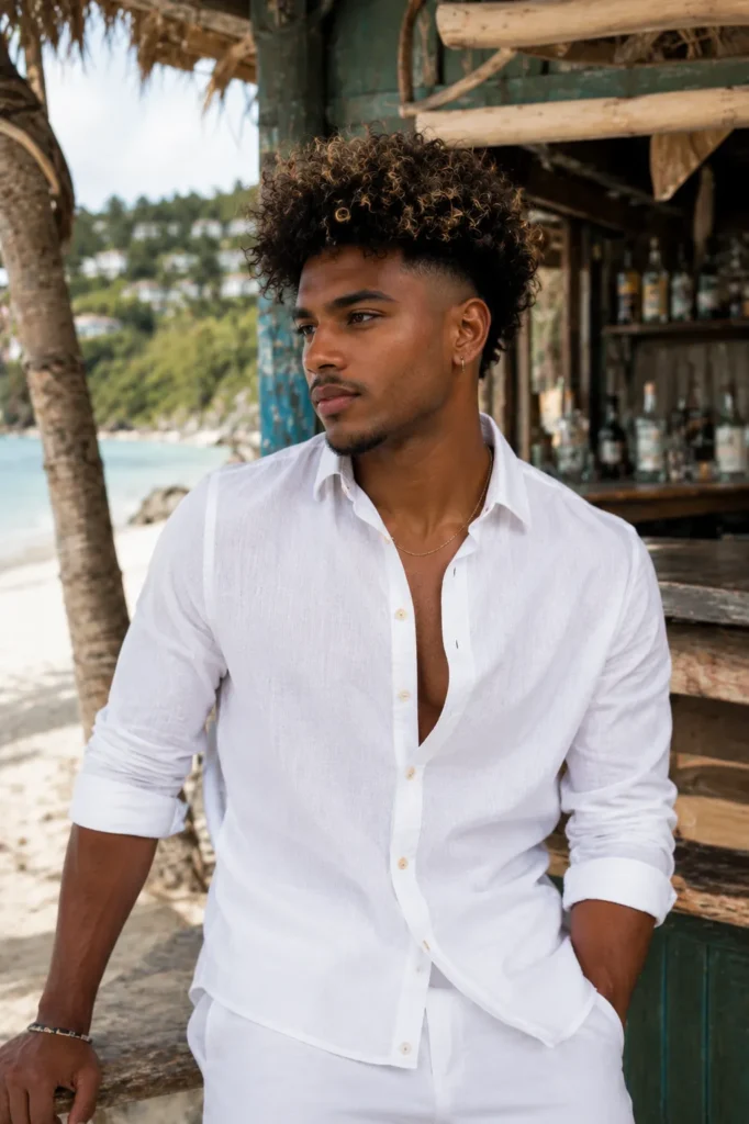 Curly Afro Fade with Highlighted Streaks