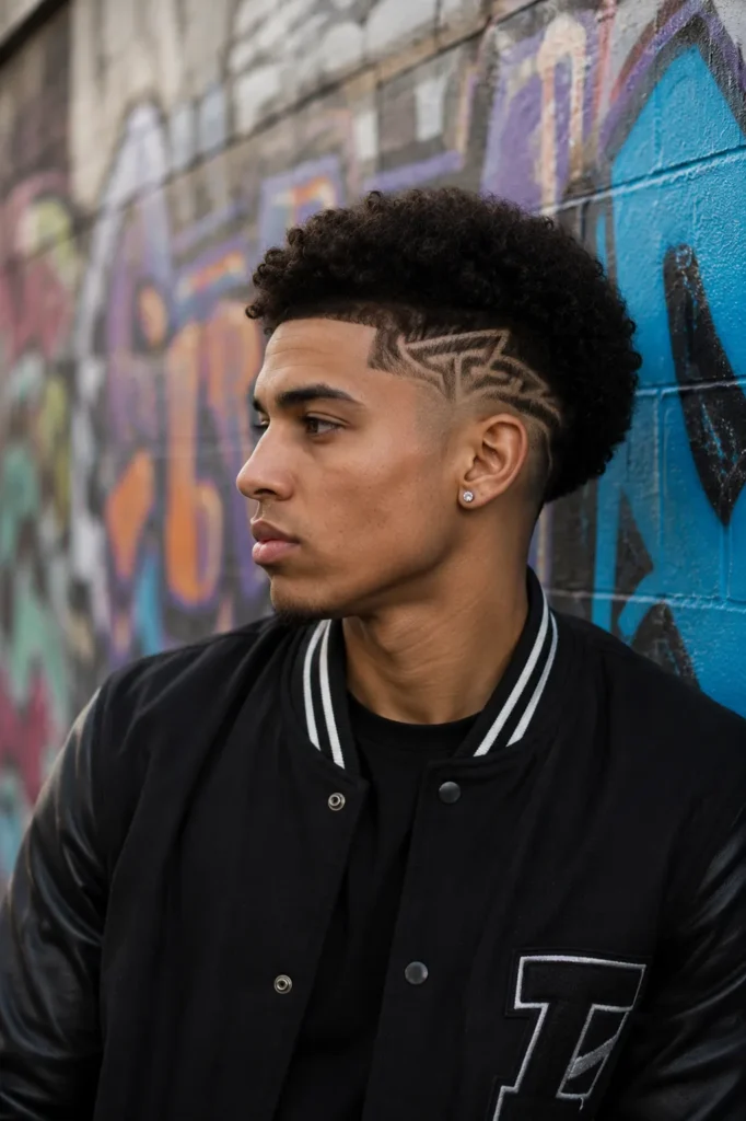 Drop Fade Afro with Geometric Design