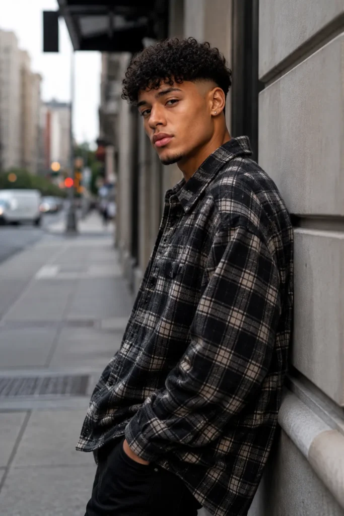 Low Fade with Curly Fringe Bangs