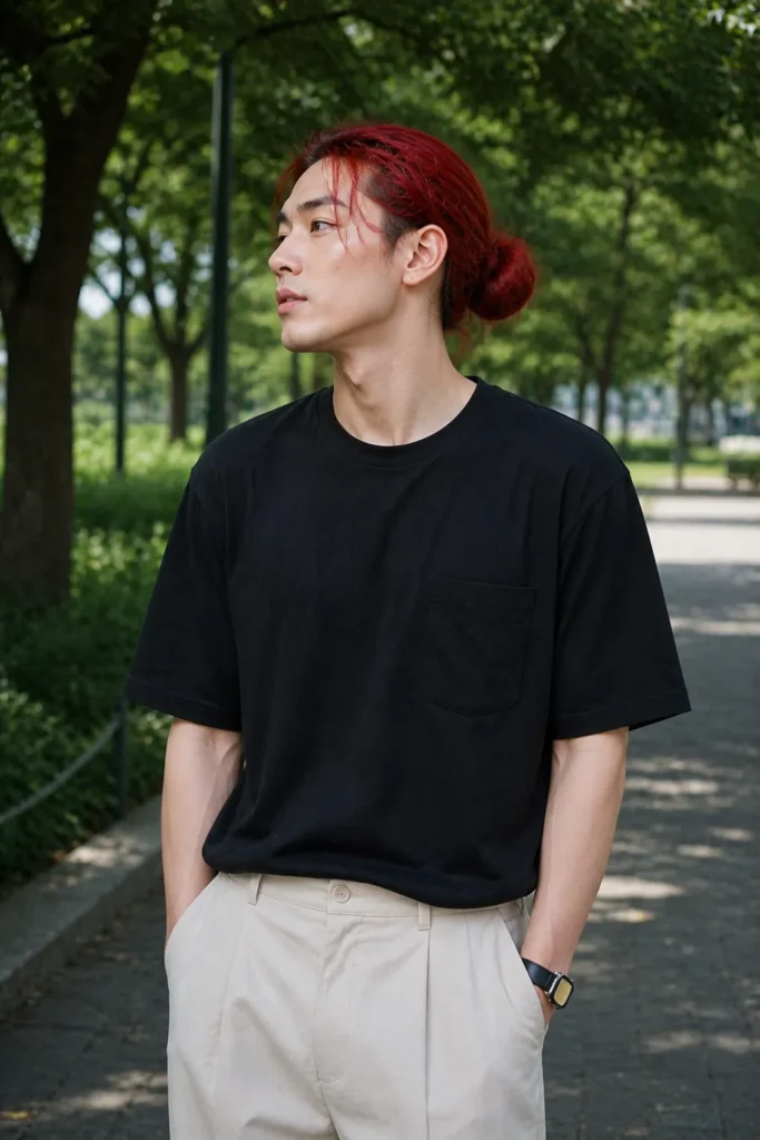 Red Low Bun Lock Style